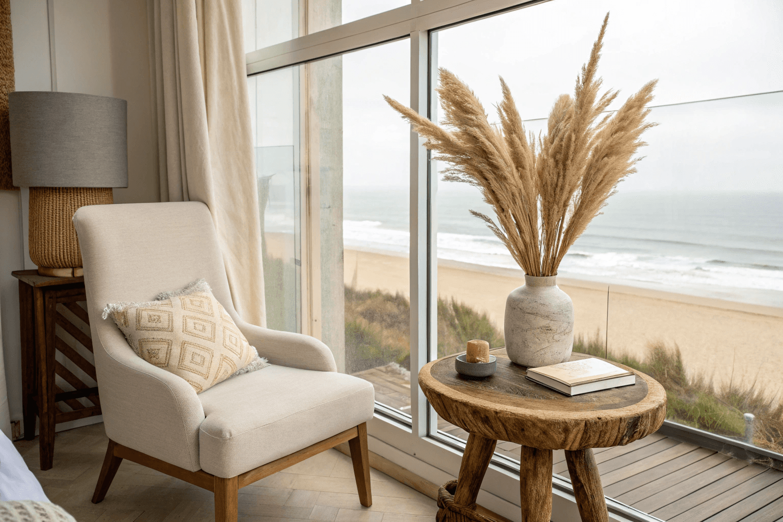 a soft linen lounge chair, driftwood side table, pampas grass in ceramic vase, with the beach faintly visible through floor-to-ceiling windows.
