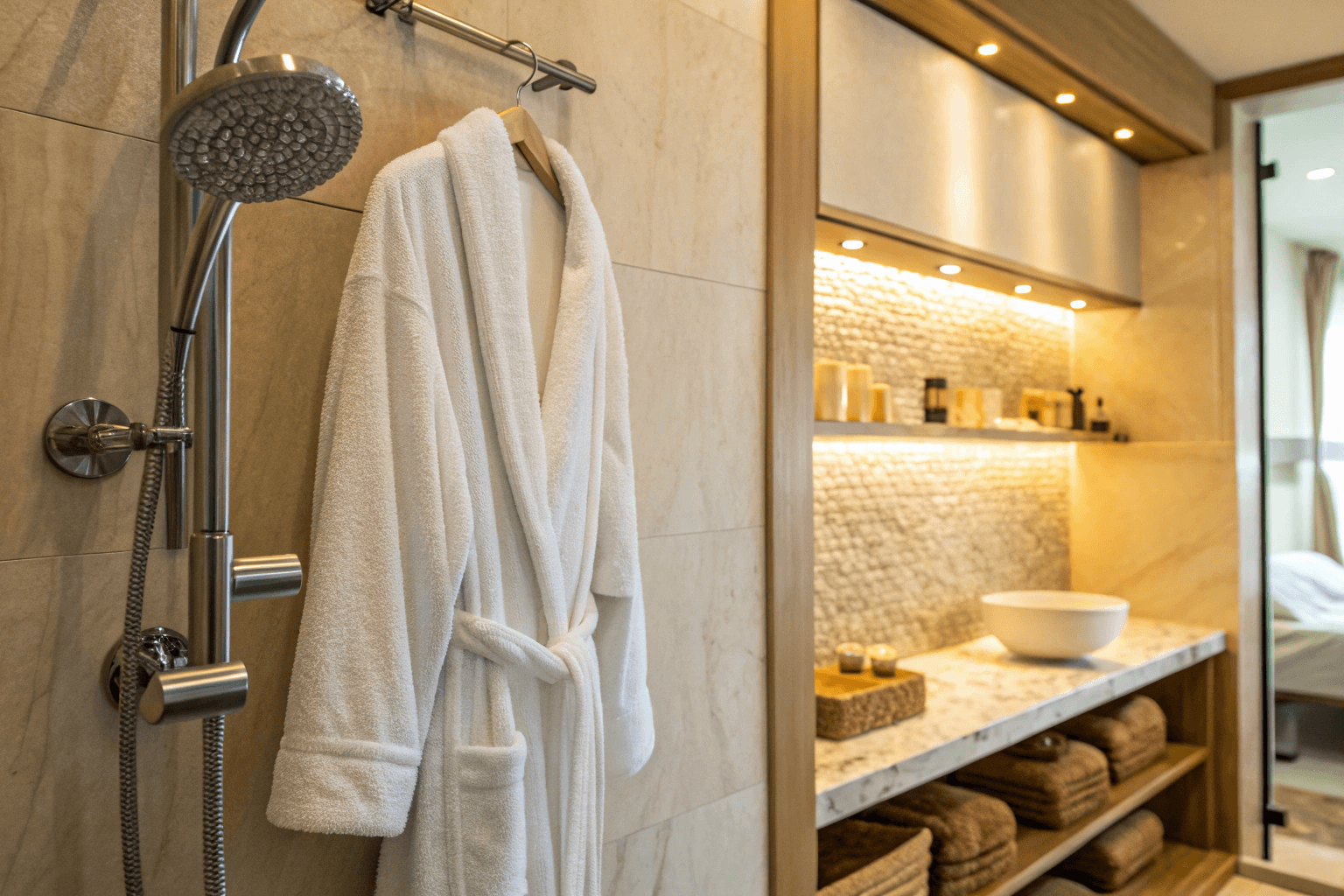 A close-up interior shot of a hotel suite featuring a rainfall shower, fluffy white robe on a hook, artisanal bath products, and warm lighting.