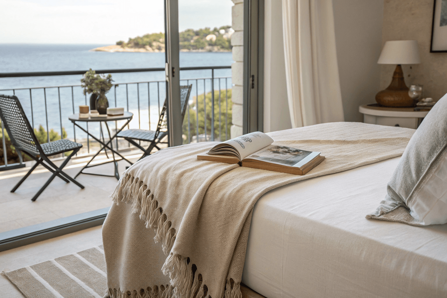 Corner angle near the bed, showing cozy details like a linen throw, beach book on side table, and a glimpse of the balcony.