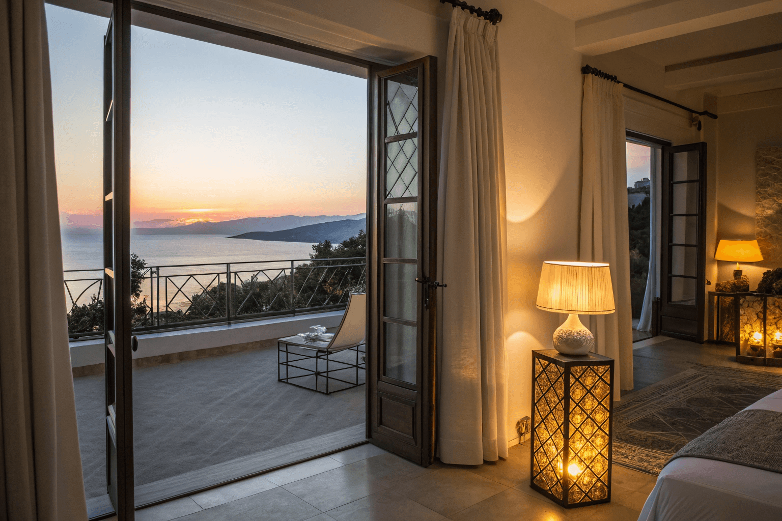 evening mood lighting, with the balcony doors open, glowing bedside lamps, sunset light streaming in.