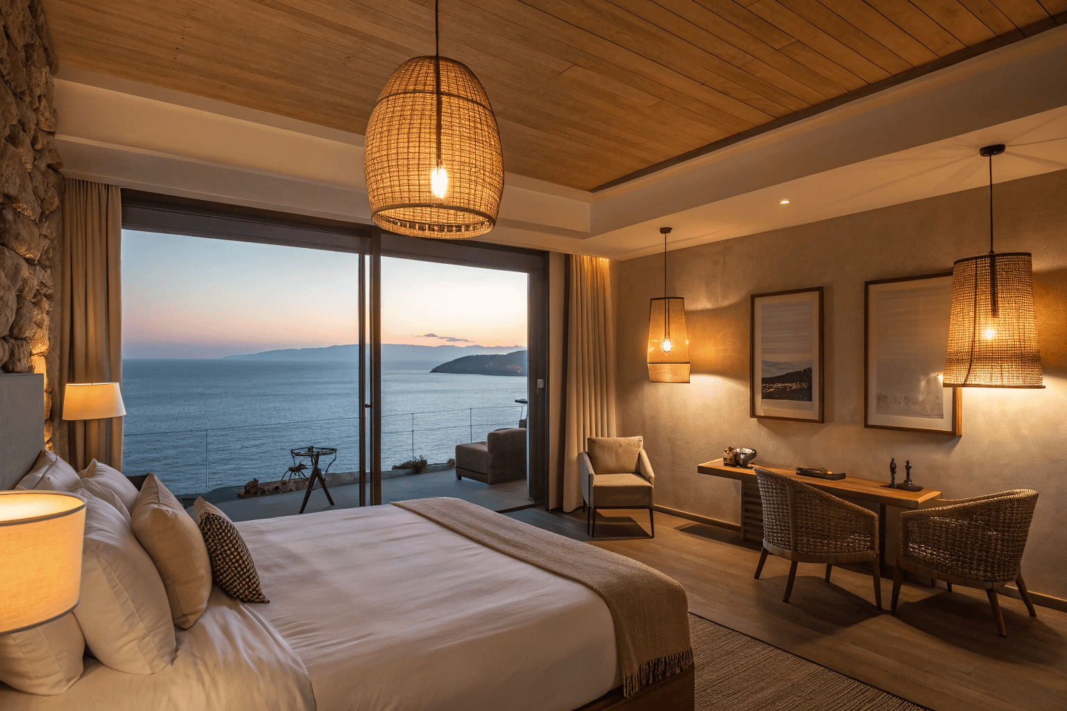 Evening shot of the suite, warm lighting throughout the space, subtle glows from pendant lights and table lamps.