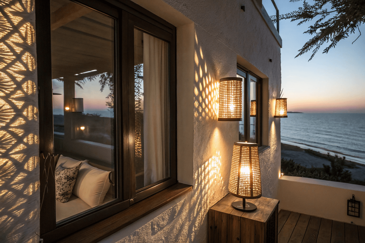 Evening mood scene, warm ambient lighting with soft bedside lamps