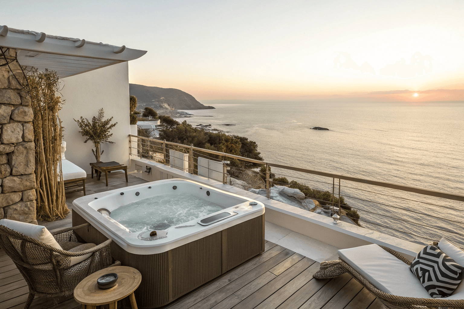 the private hot tub on the balcony, modern design with clean lines and natural materials.