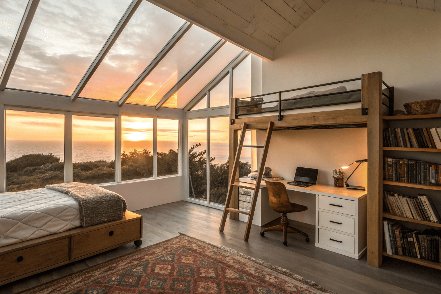 A stylish split-level loft room with an elevated queen bed, modern writing desk below, and floor-to-ceiling windows framing a glowing sunset.