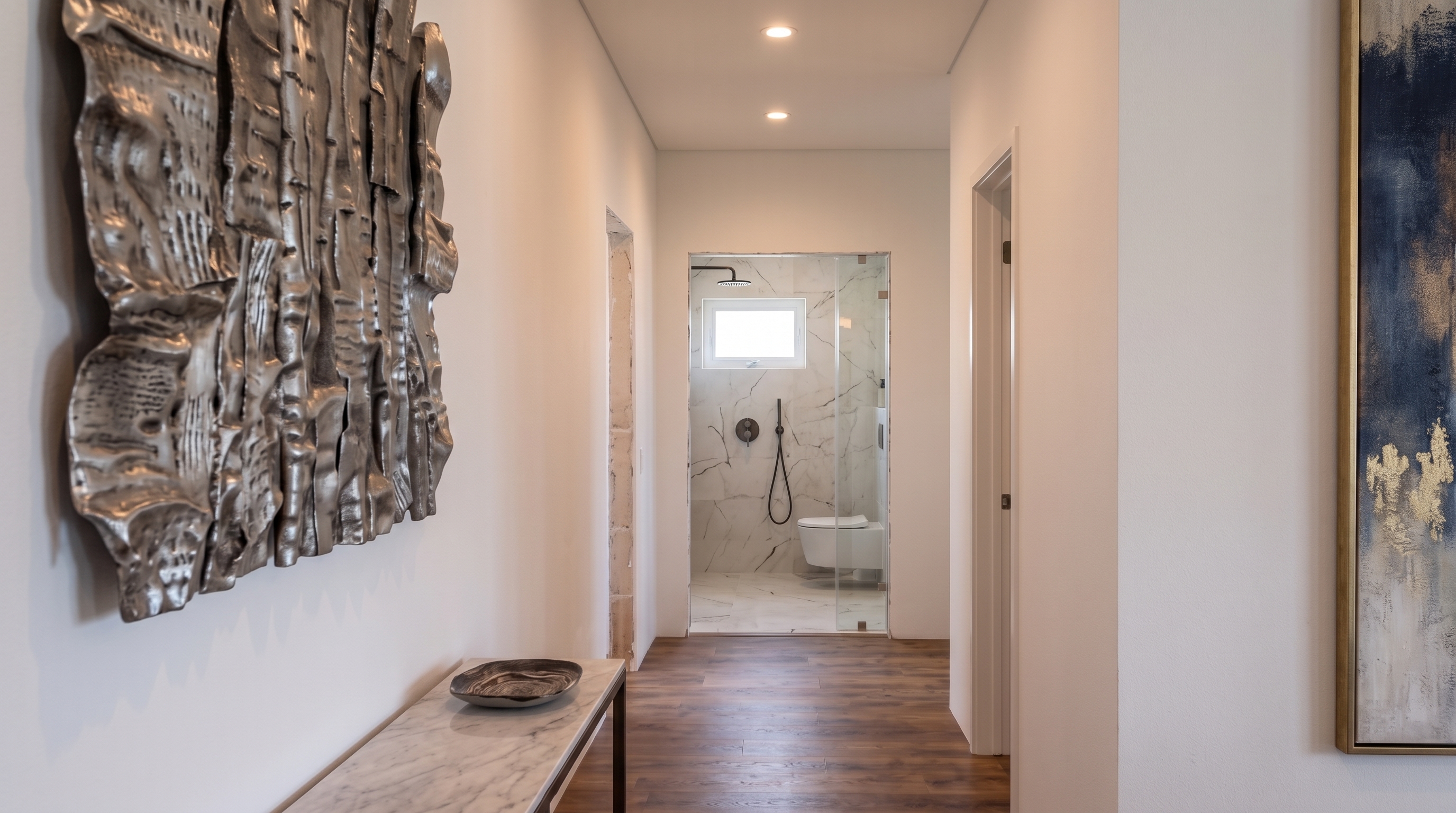 indoor-outdoor rain shower with natural stone and wooden slats, light filtering through tropical plants.